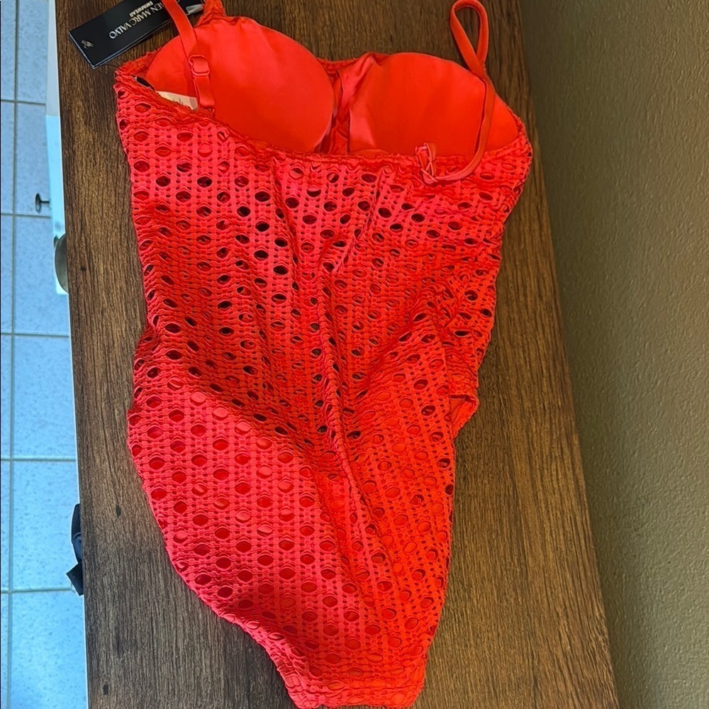 Carmen Marc Valvo Orange One Piece Swimsuit with Mesh Detail - Picture 4 of 7